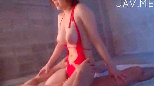 Sizzling Brunette in Red Swimsuit Rides Big Cock Hotly