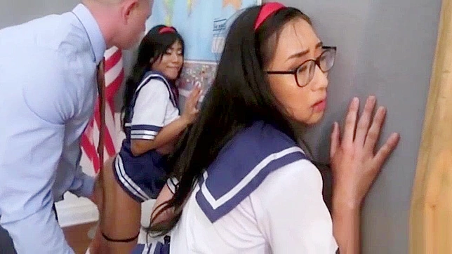 Hungry Japanese Girls Devour Their Hot White Teacher's Dick