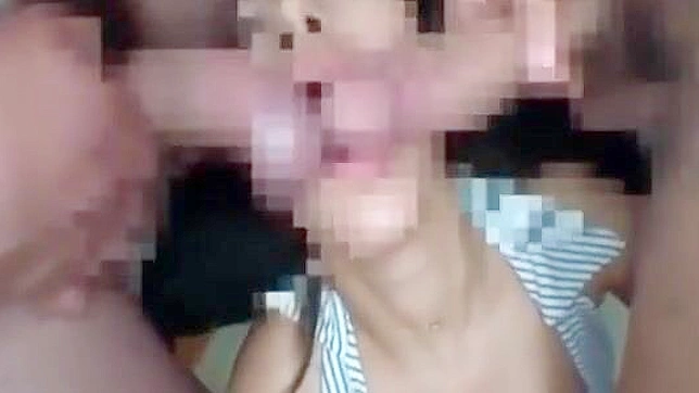 Hungry Brunette Gives Superb Blowjob Before Bukkake Feast