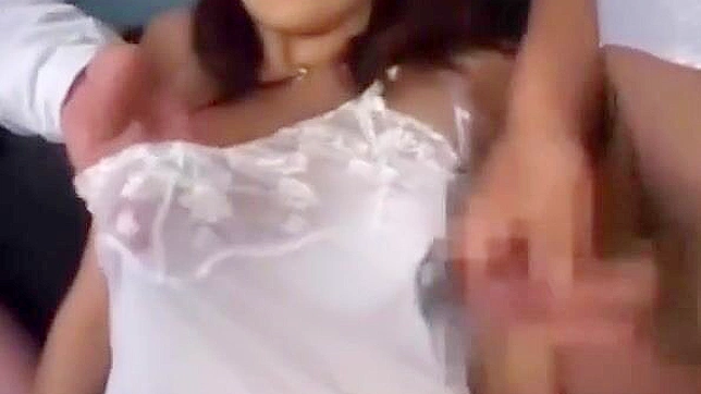 Seductive Japanese Beauty Reveals Lacy Slip for Four Guys Sex
