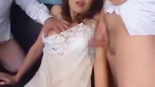 Seductive Japanese Beauty Reveals Lacy Slip for Four Guys Sex