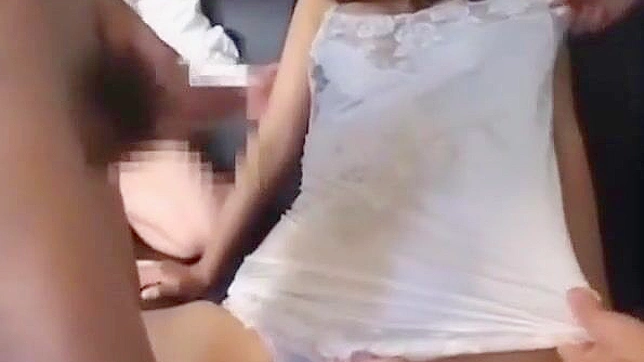 Seductive Japanese Beauty Reveals Lacy Slip for Four Guys Sex
