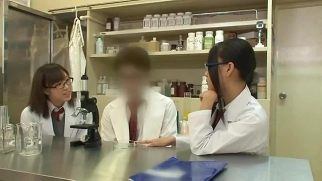 Teen schoolgirl friends in glasses help to jerk him off 4