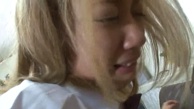 Nice teen in school uniform double blowjob with cumshot